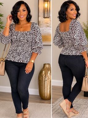 Hem & Thread White and Brown Leopard Smocked Square-Neck Top